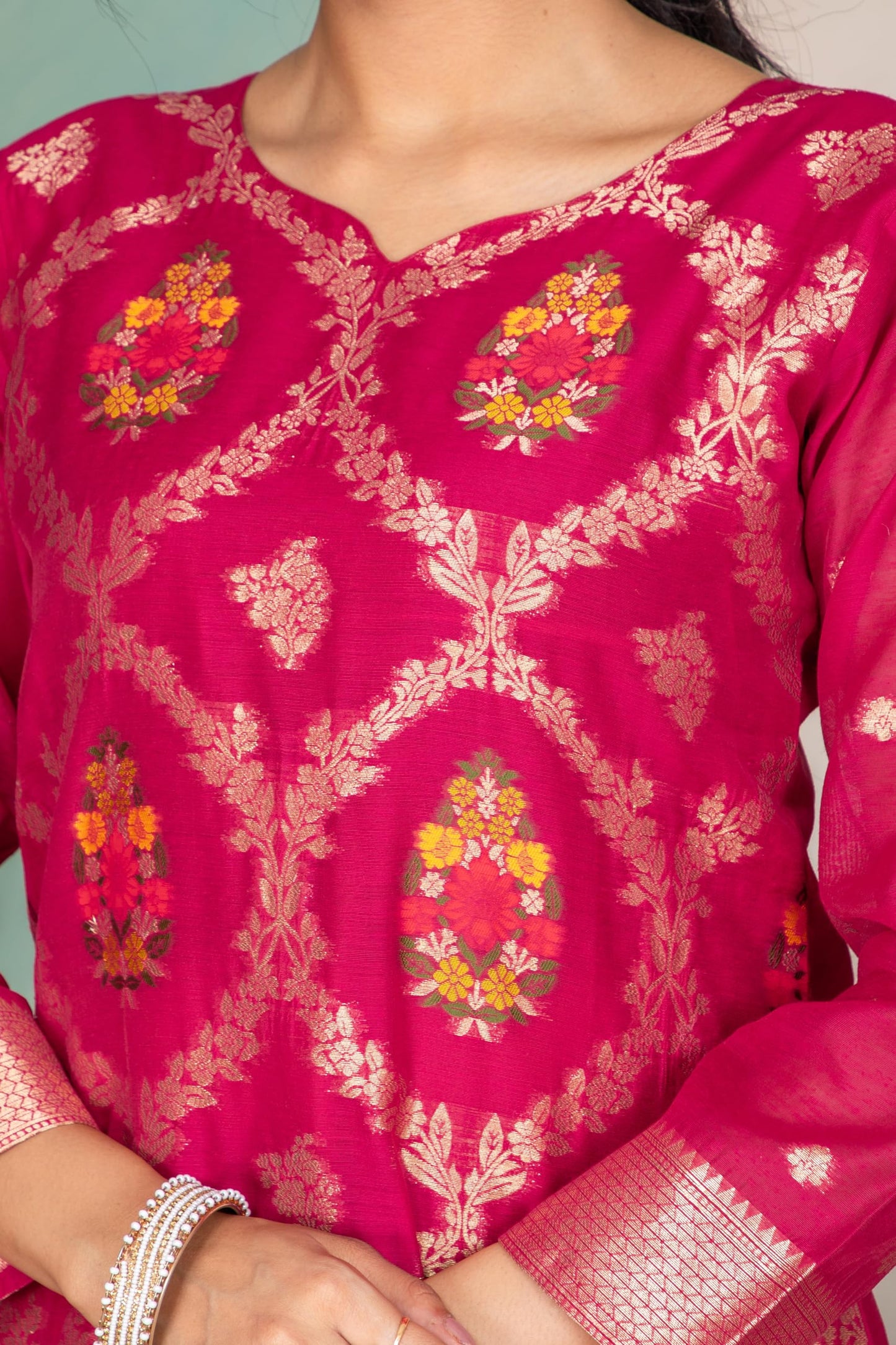 Rani Silk Kurta Pant Set with Handwoven Dupatta