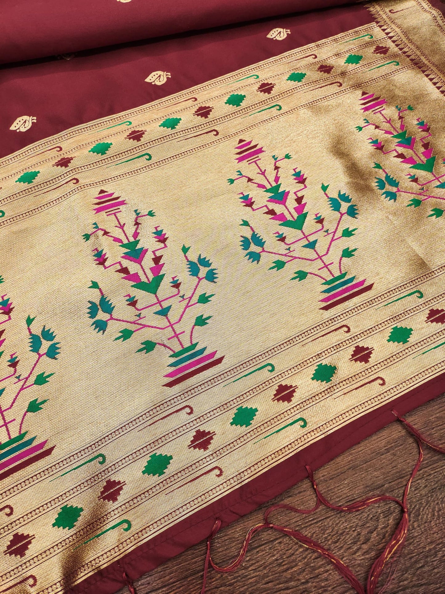 Banarasi Silk Dupatta in Maroon with Gold Zari Booti and Contrast Woven Border