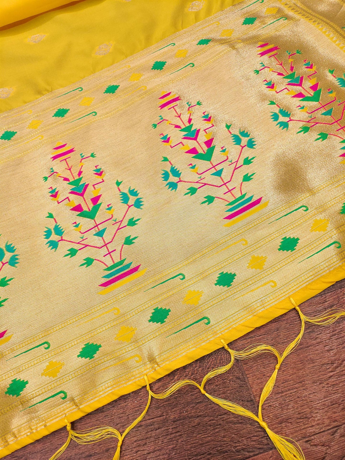 Banarasi Silk Dupatta in Golden yellow with Gold Zari Booti and Contrast Woven Border