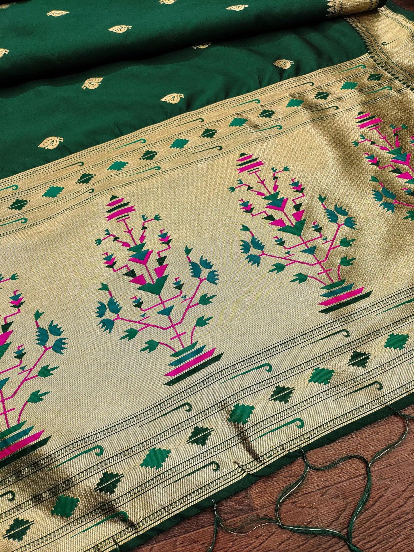 Banarasi Silk Dupatta in Dark Green with Gold Zari Booti and Contrast Woven Border