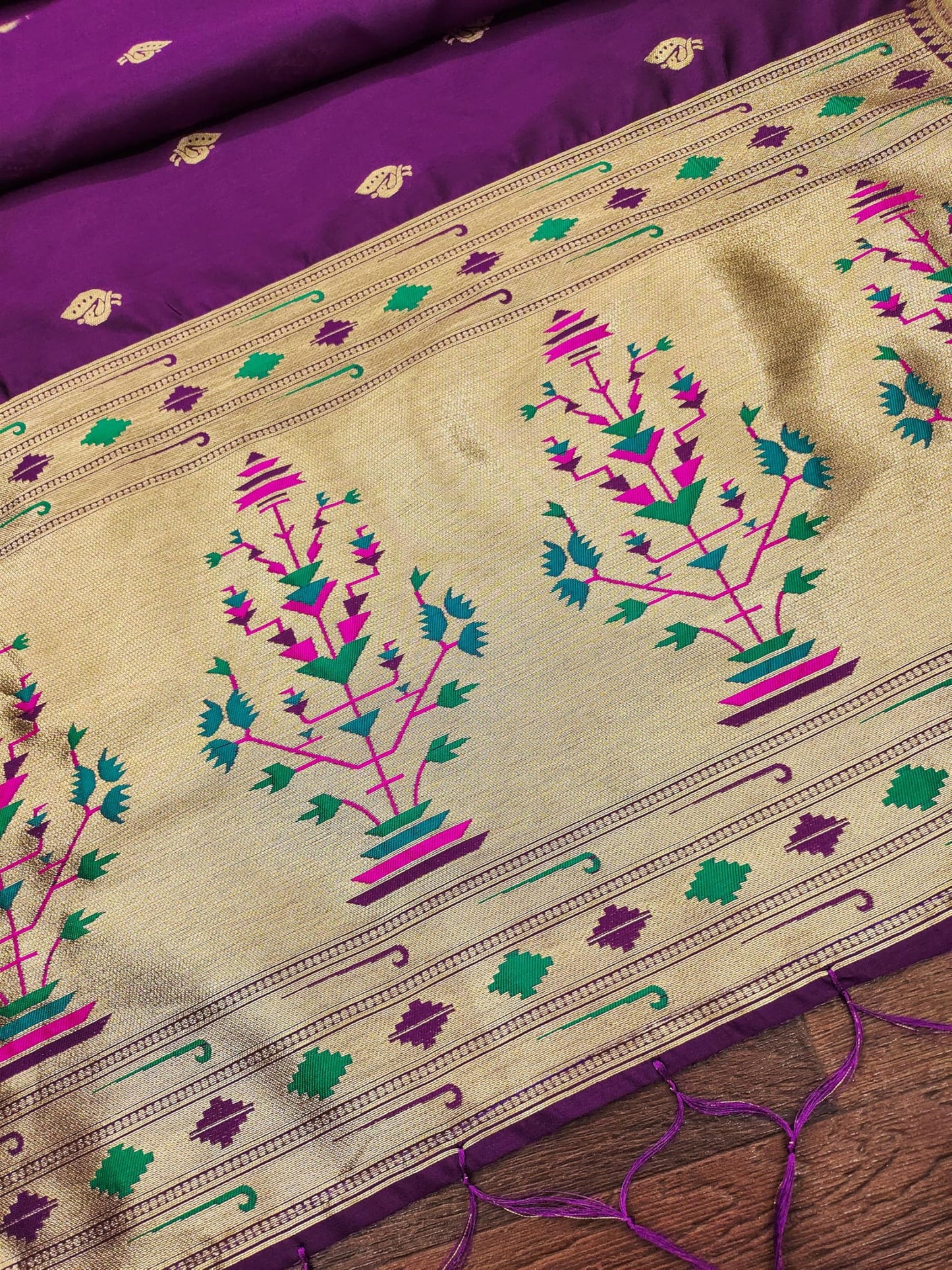 Banarasi Silk Dupatta in Royal Purple with Gold Zari Booti and Contrast Woven Border