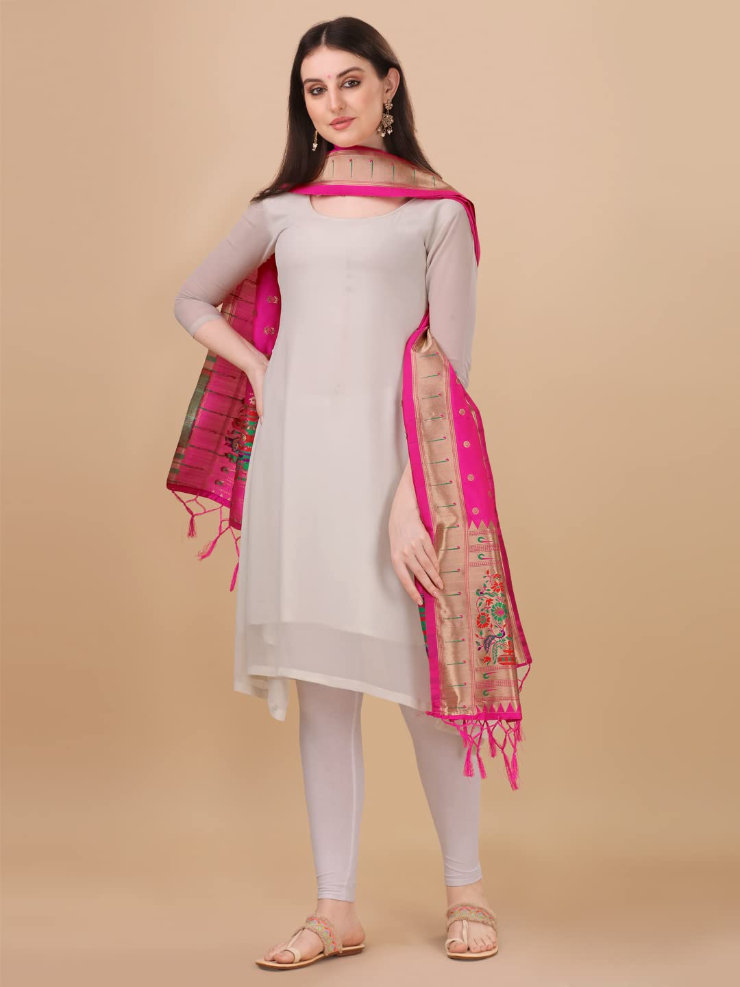 Paithani Banarasi Silk Dupatta in Rani  with  Zari Meenakari Work