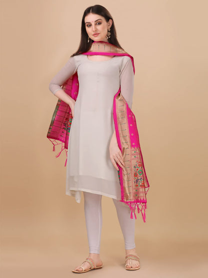 Paithani Banarasi Silk Dupatta in Rani  with  Zari Meenakari Work