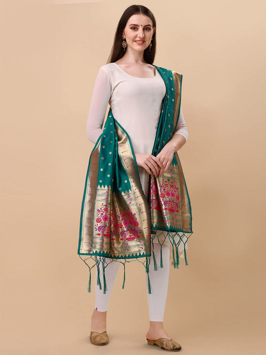 Paithani Banarasi Silk Dupatta in Turquoise with  Zari Meenakari Work