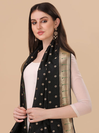 Paithani Banarasi Silk Dupatta in Black with  Zari Meenakari Work