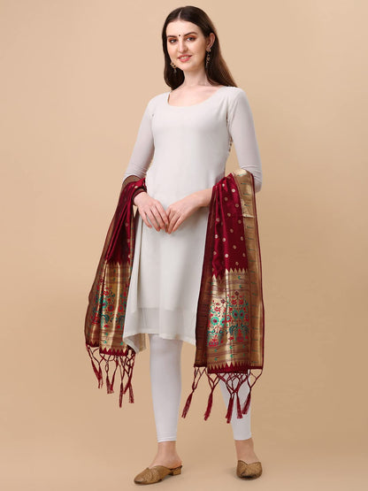 Paithani Banarasi Silk Dupatta in Maroon with Zari Meenakari Work