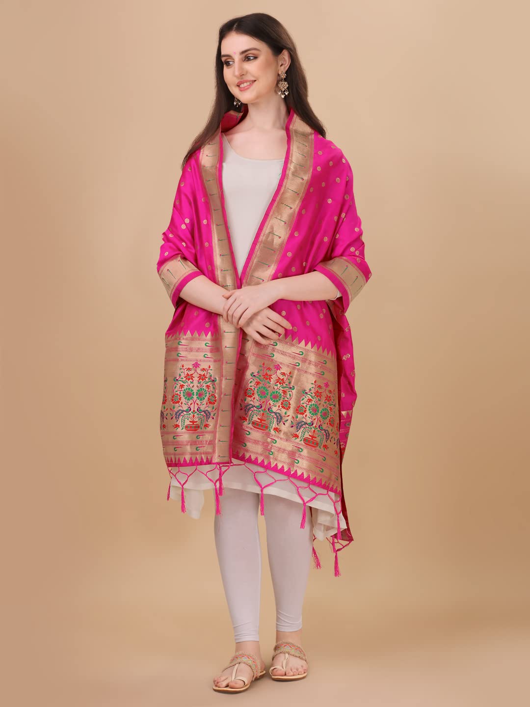 Paithani Banarasi Silk Dupatta in Rani  with  Zari Meenakari Work