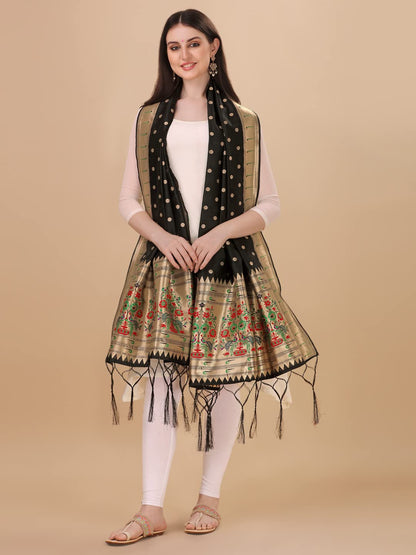 Paithani Banarasi Silk Dupatta in Black with  Zari Meenakari Work