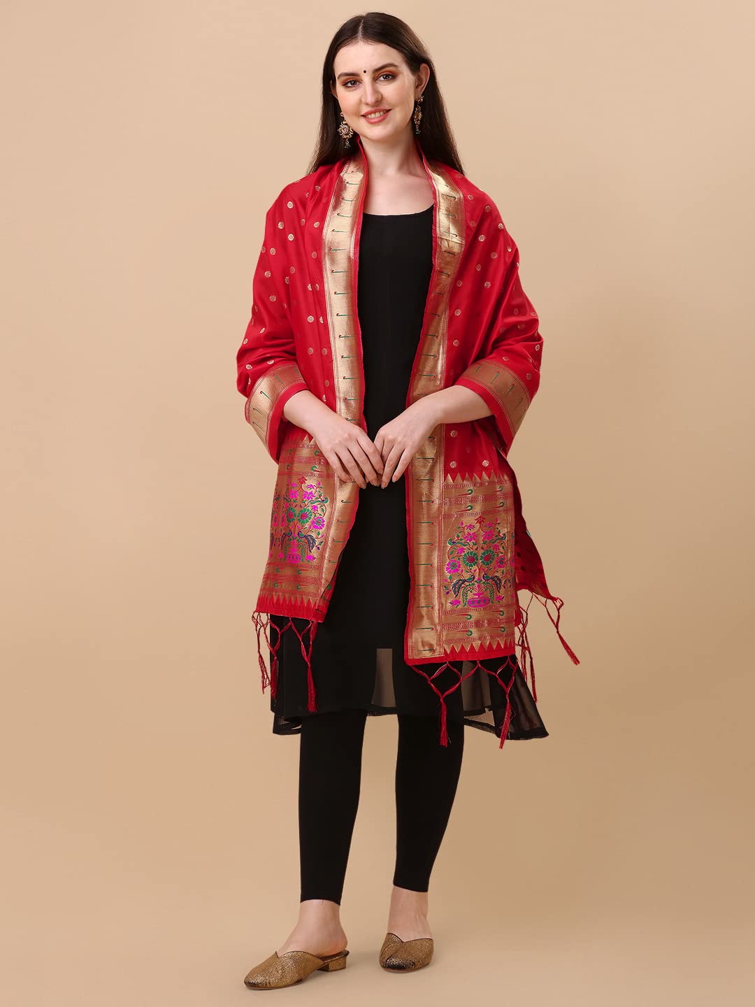 Paithani Banarasi Silk Dupatta in Red with  Zari Meenakari Work
