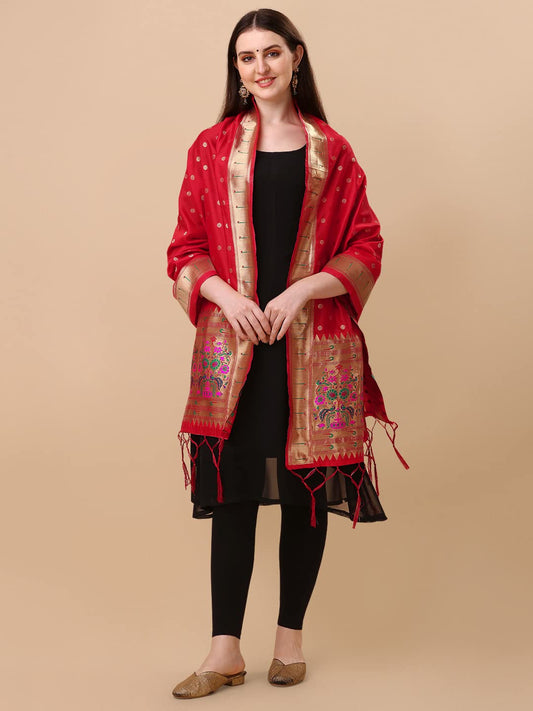 Paithani Banarasi Silk Dupatta in Red with  Zari Meenakari Work