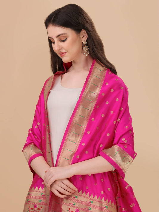 Paithani Banarasi Silk Dupatta in Rani  with  Zari Meenakari Work