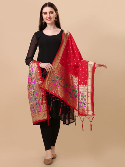 Paithani Banarasi Silk Dupatta in Red with  Zari Meenakari Work