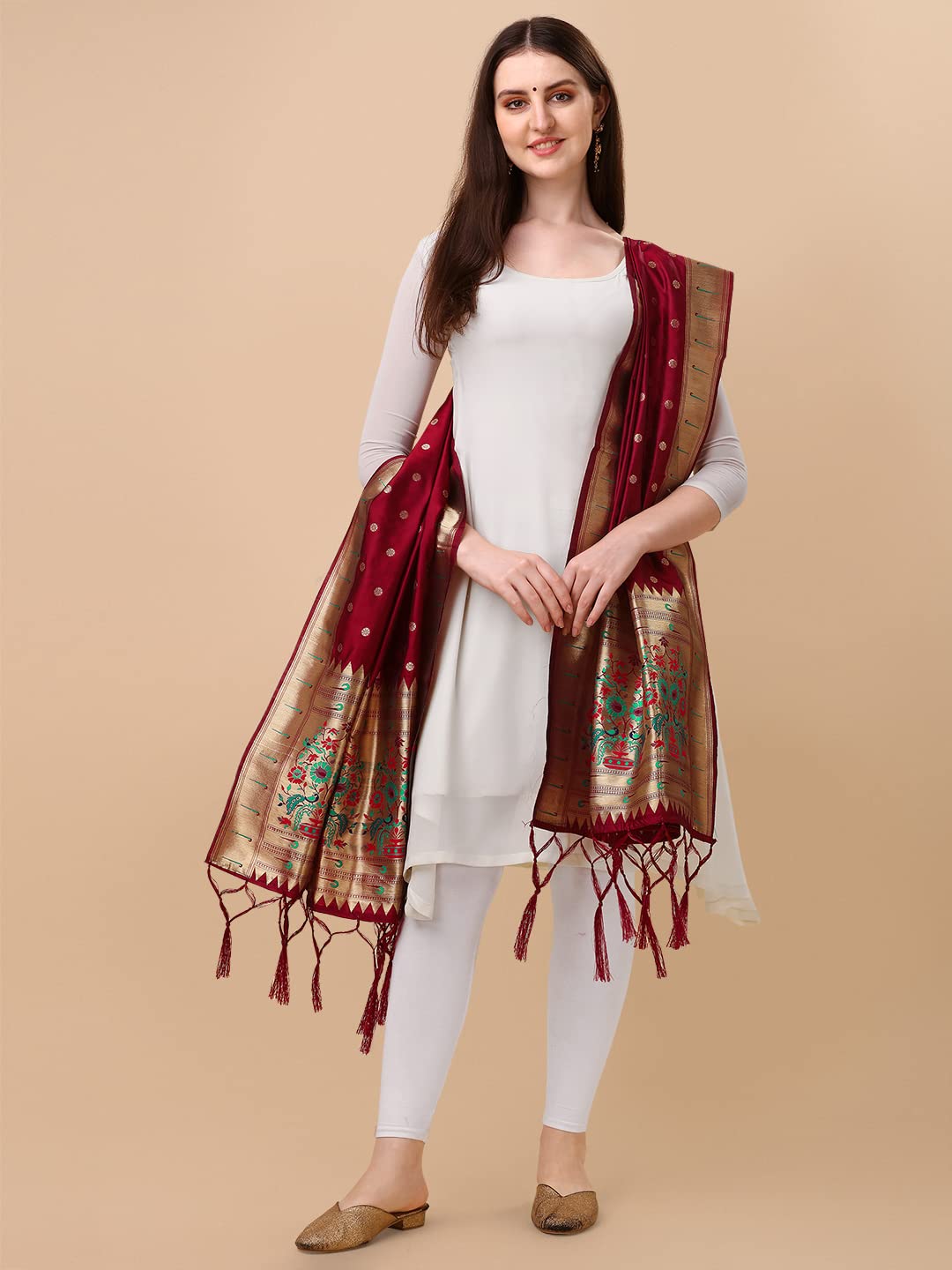 Paithani Banarasi Silk Dupatta in Maroon with Zari Meenakari Work