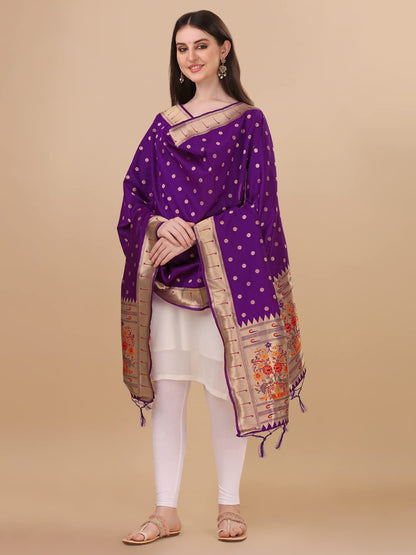 Paithani Banarasi Silk Dupatta in purple  with  Zari Meenakari Work