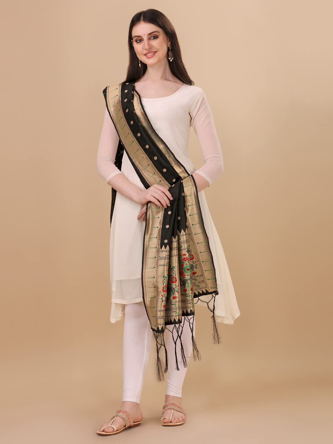 Paithani Banarasi Silk Dupatta in Black with  Zari Meenakari Work