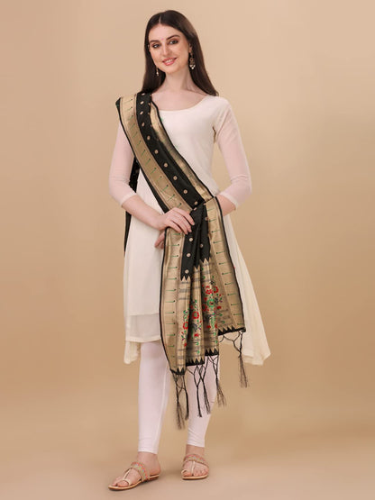 Paithani Banarasi Silk Dupatta in Black with  Zari Meenakari Work
