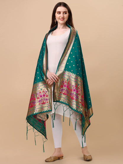 Paithani Banarasi Silk Dupatta in Turquoise with  Zari Meenakari Work