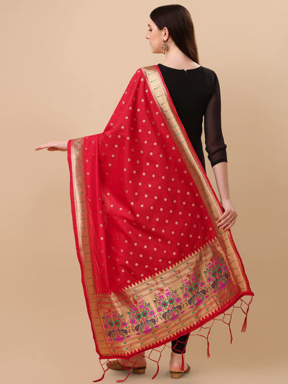Paithani Banarasi Silk Dupatta in Red with  Zari Meenakari Work
