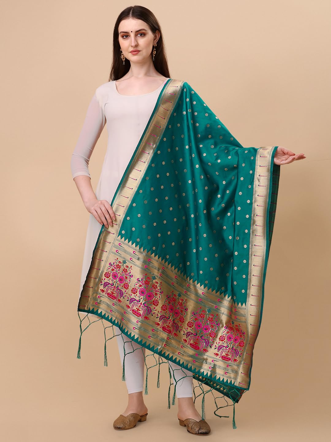 Paithani Banarasi Silk Dupatta in Turquoise with  Zari Meenakari Work