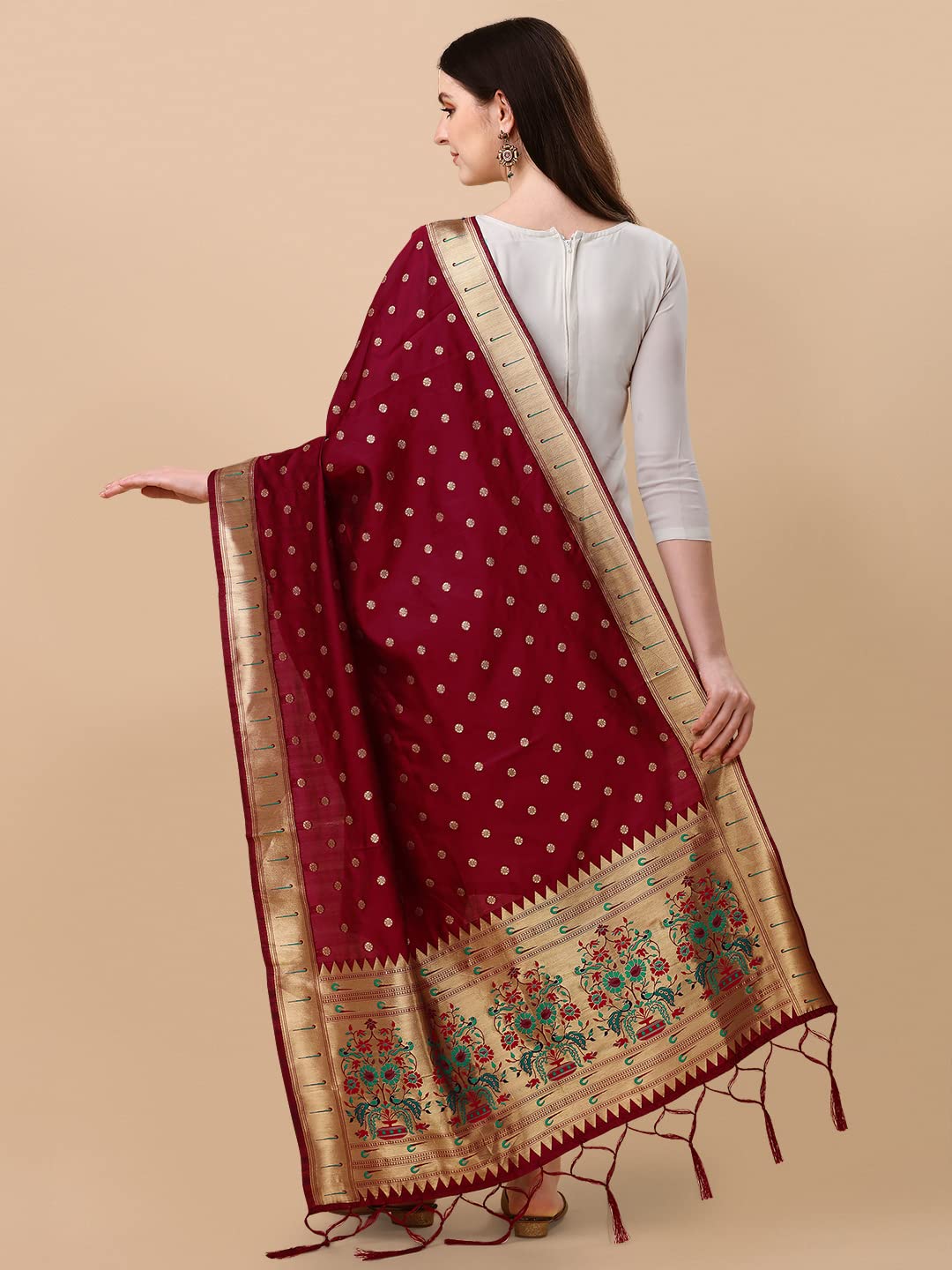 Paithani Banarasi Silk Dupatta in Maroon with Zari Meenakari Work