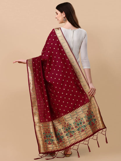Paithani Banarasi Silk Dupatta in Maroon with Zari Meenakari Work