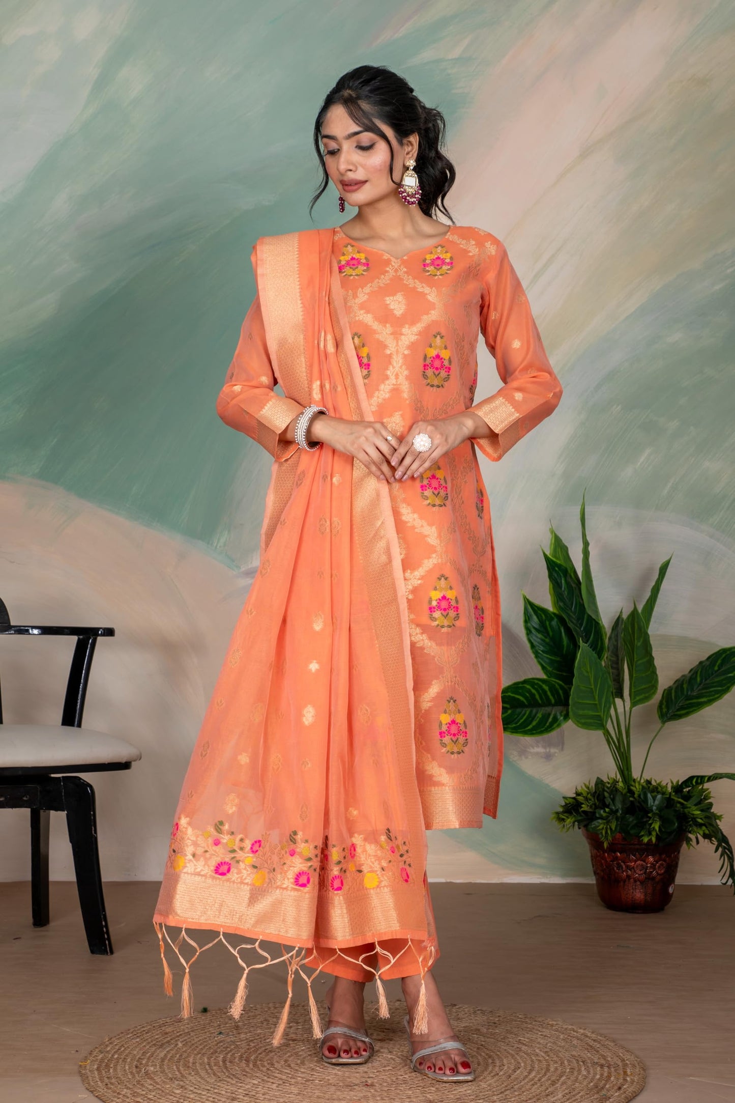Peach Silk Kurta Pant Set with Handwoven Dupatta