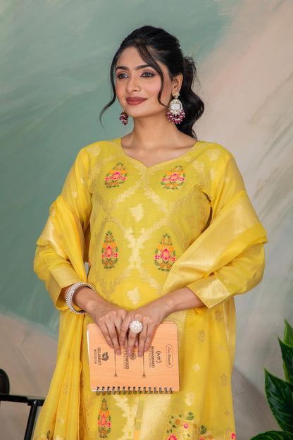 Yellow Silk Kurta Pant Set with Handwoven Dupatta