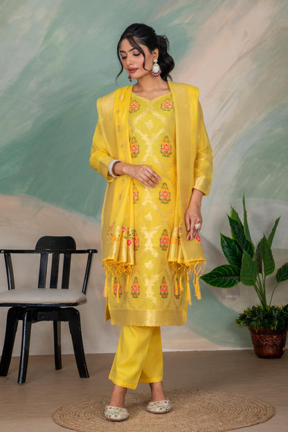 Yellow Silk Kurta Pant Set with Handwoven Dupatta