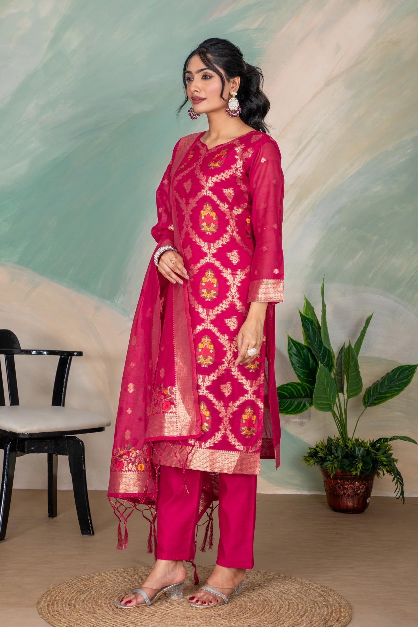 Rani Silk Kurta Pant Set with Handwoven Dupatta