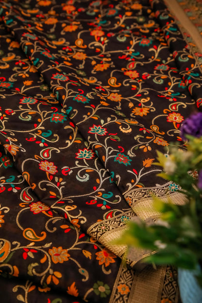 Black Banarasi Silk Dupatta with Meena work