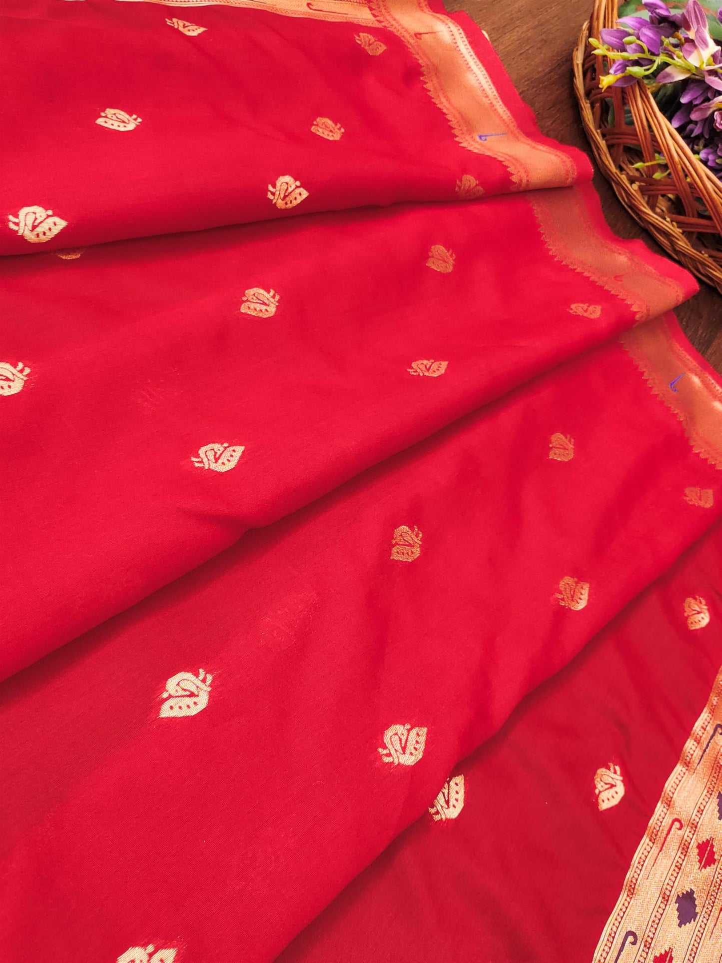 Banarasi Silk Dupatta in Red with Gold Zari Booti and Contrast Woven Border