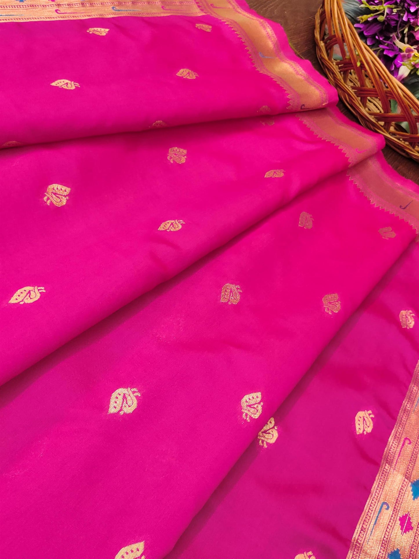Banarasi Silk Dupatta in Rani with Gold Zari Booti and Contrast Woven Border