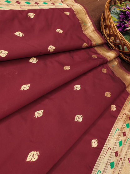 Banarasi Silk Dupatta in Maroon with Gold Zari Booti and Contrast Woven Border