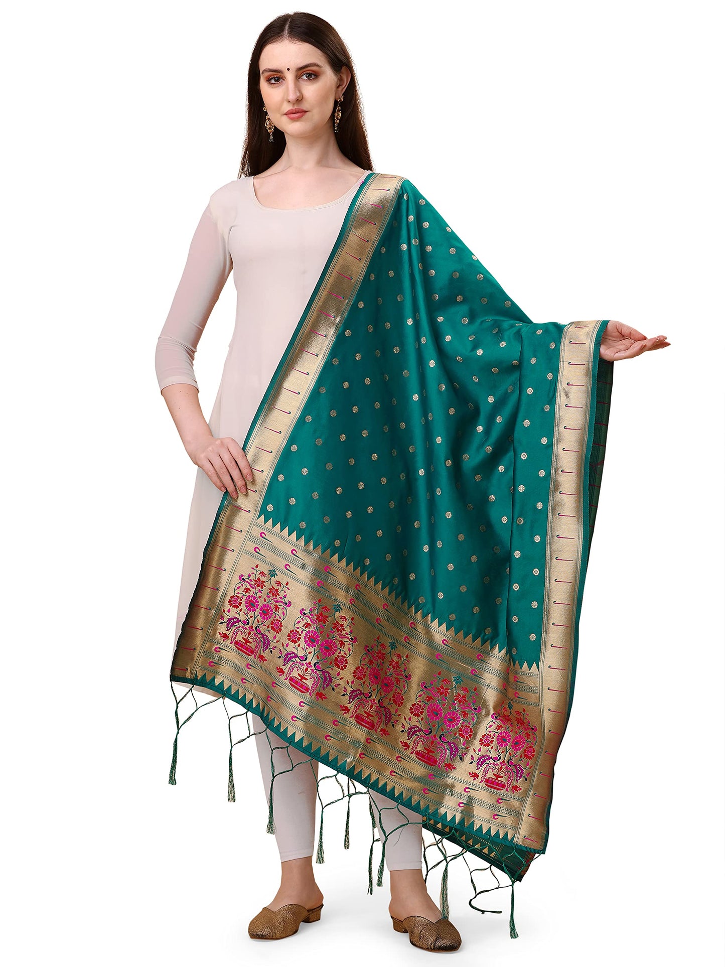 Paithani Banarasi Silk Dupatta in Turquoise with  Zari Meenakari Work