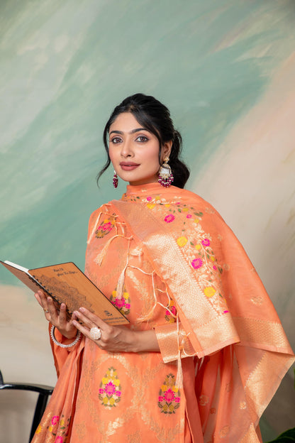 Peach Silk Kurta Pant Set with Handwoven Dupatta