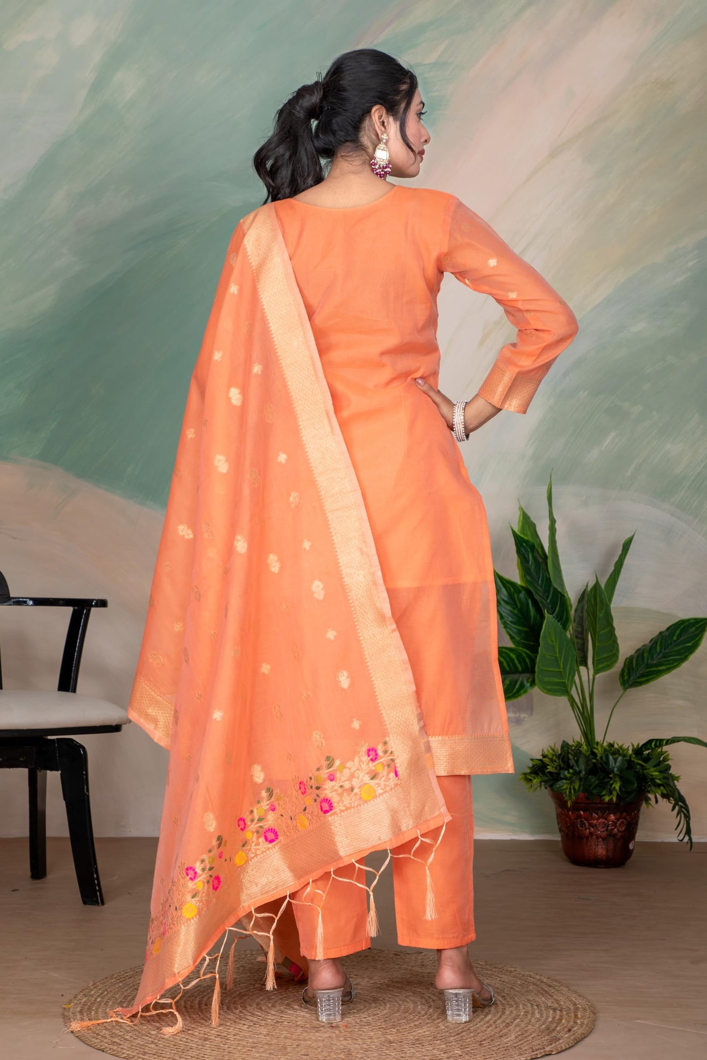 Peach Silk Kurta Pant Set with Handwoven Dupatta