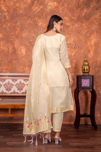 Cream Silk Kurta Pant Set with Handwoven Dupatta
