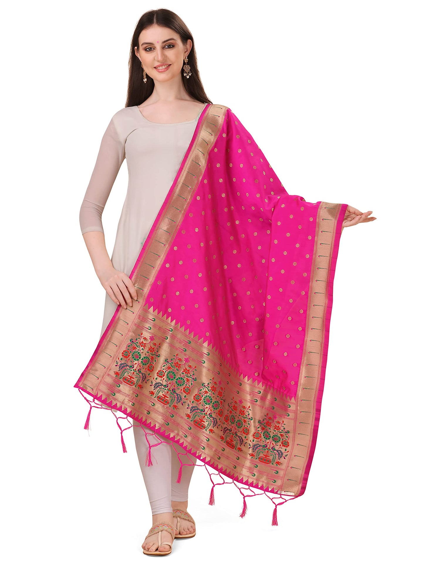 Paithani Banarasi Silk Dupatta in Rani  with  Zari Meenakari Work