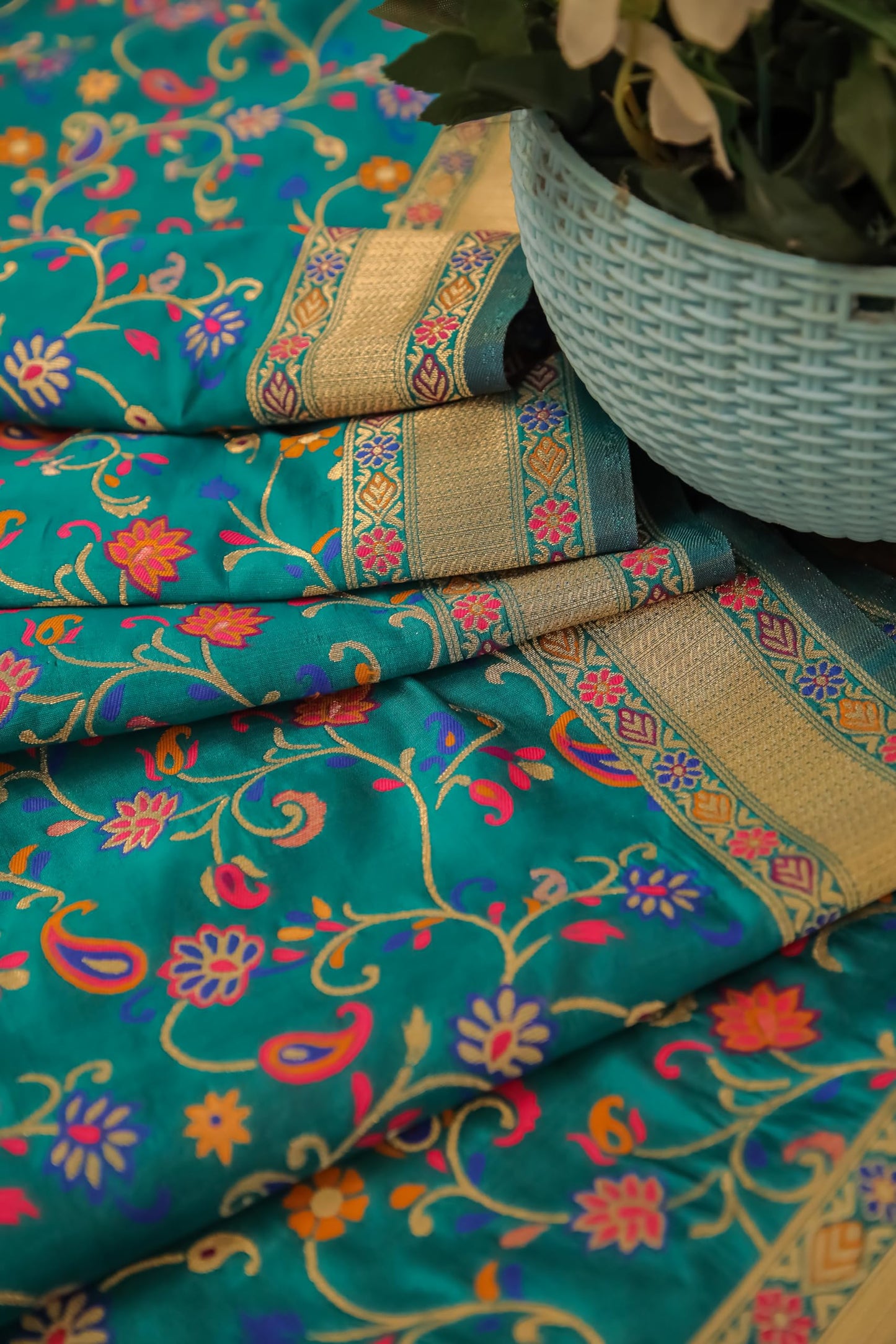 Turquoise Banarasi Silk Dupatta with Meena work