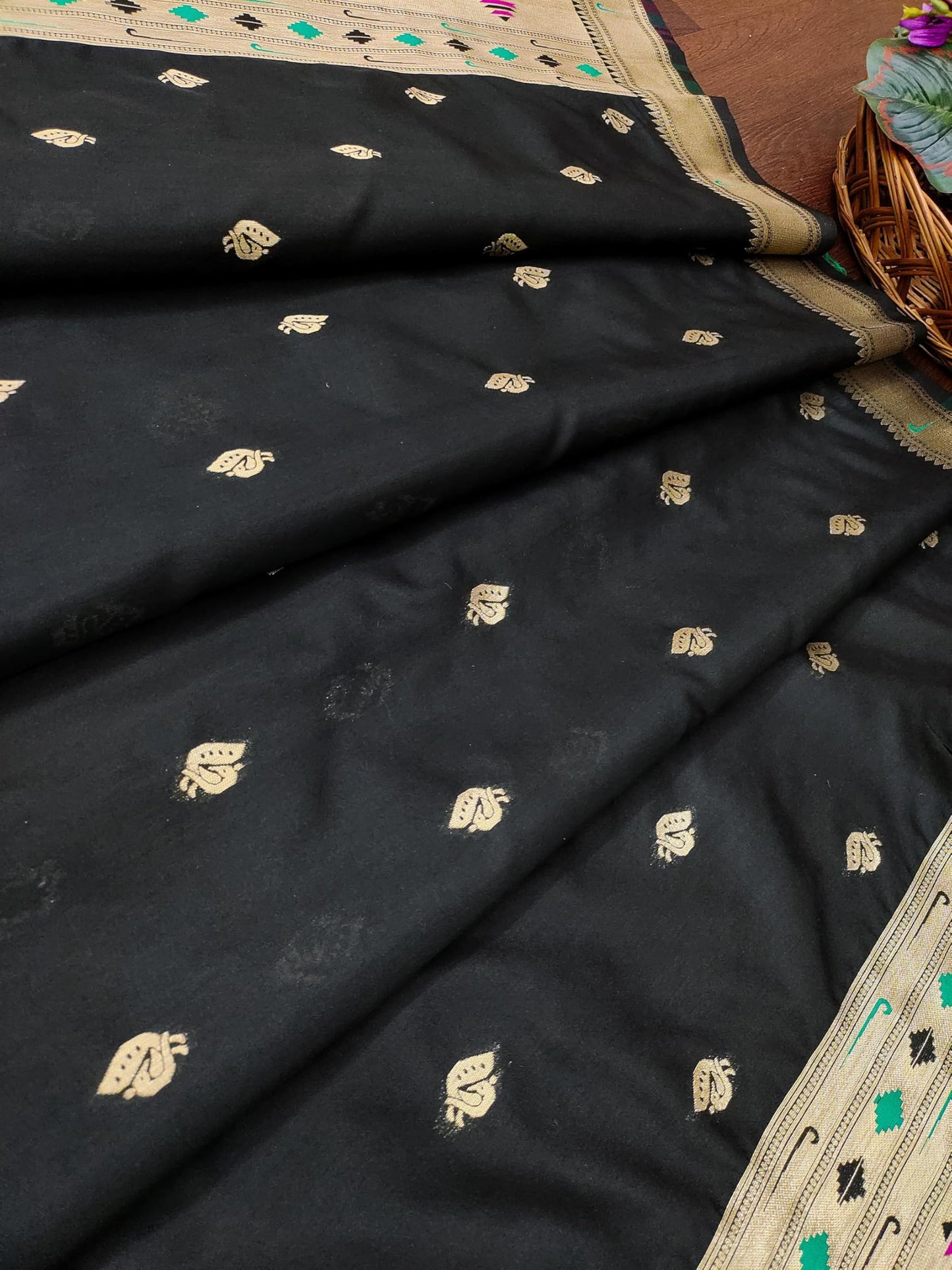 Banarasi Silk Dupatta in DeepBlack with Gold Zari Booti and Contrast Woven Border