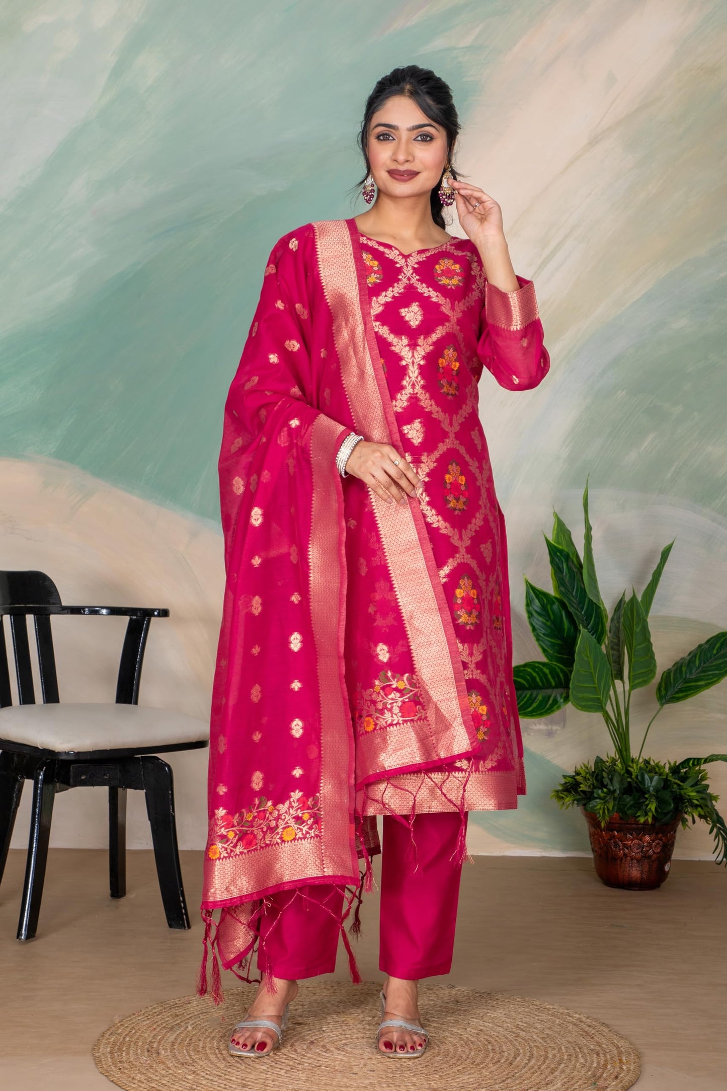 Rani Silk Kurta Pant Set with Handwoven Dupatta