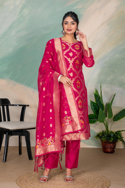 Rani Silk Kurta Pant Set with Handwoven Dupatta