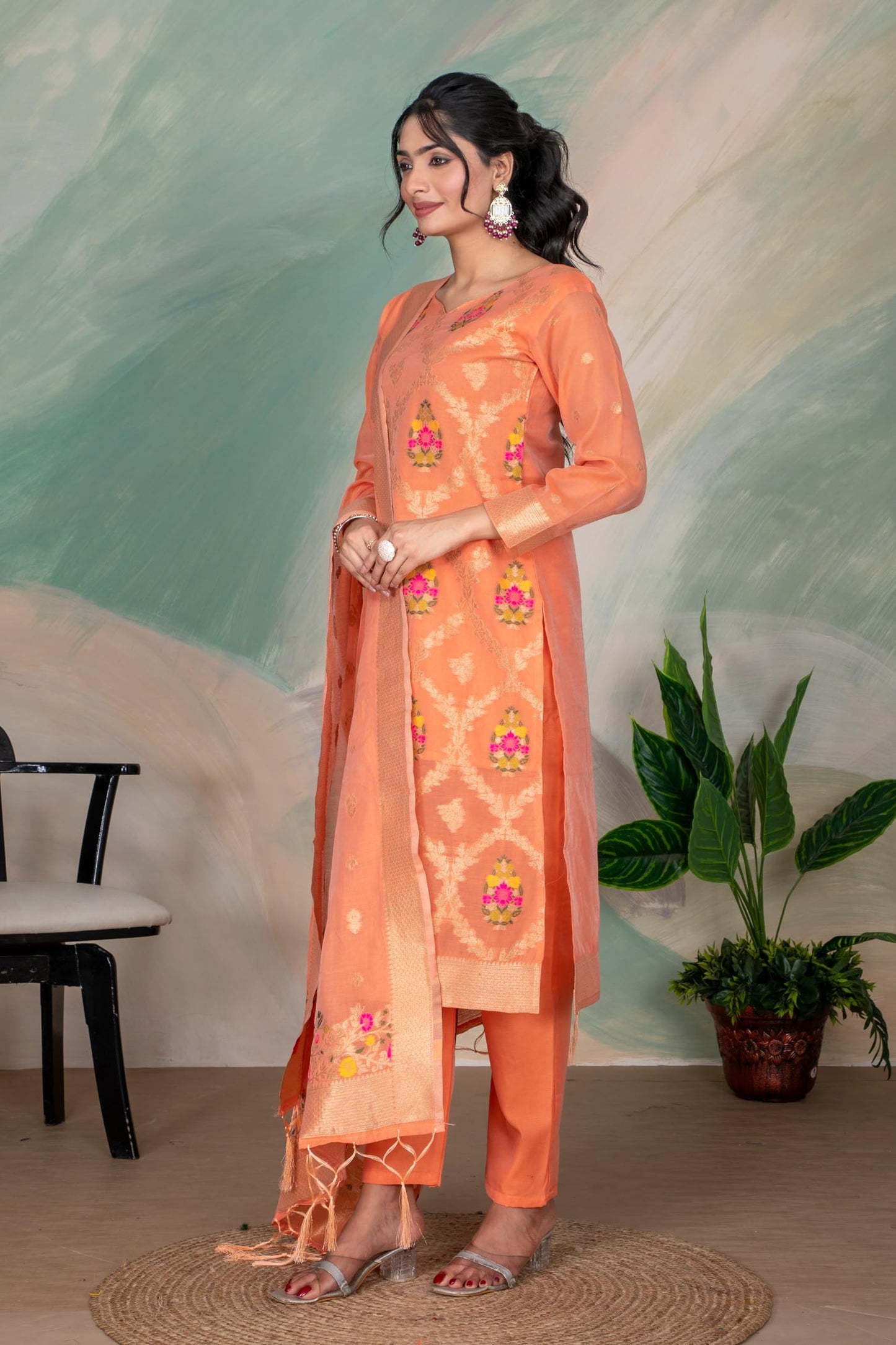 Peach Silk Kurta Pant Set with Handwoven Dupatta