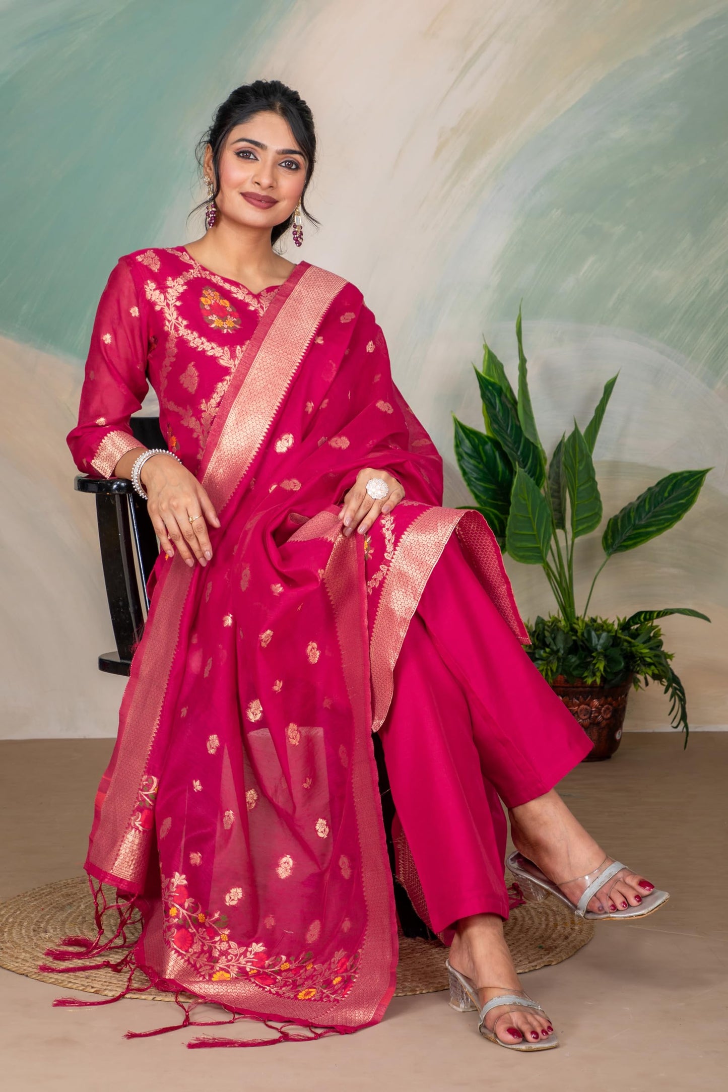 Rani Silk Kurta Pant Set with Handwoven Dupatta