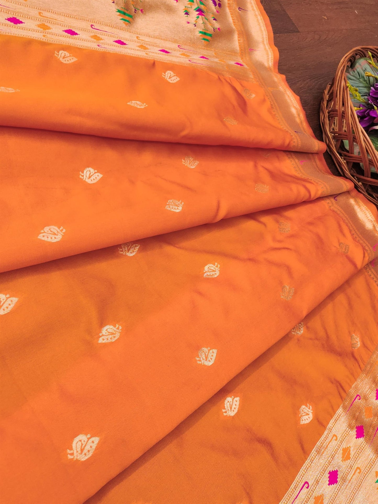 Banarasi Silk Dupatta in Orange with Gold Zari Booti and Contrast Woven Border