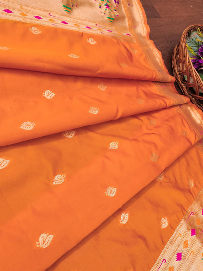 Banarasi Silk Dupatta in Orange with Gold Zari Booti and Contrast Woven Border