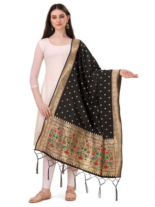 Paithani Banarasi Silk Dupatta in Black with  Zari Meenakari Work