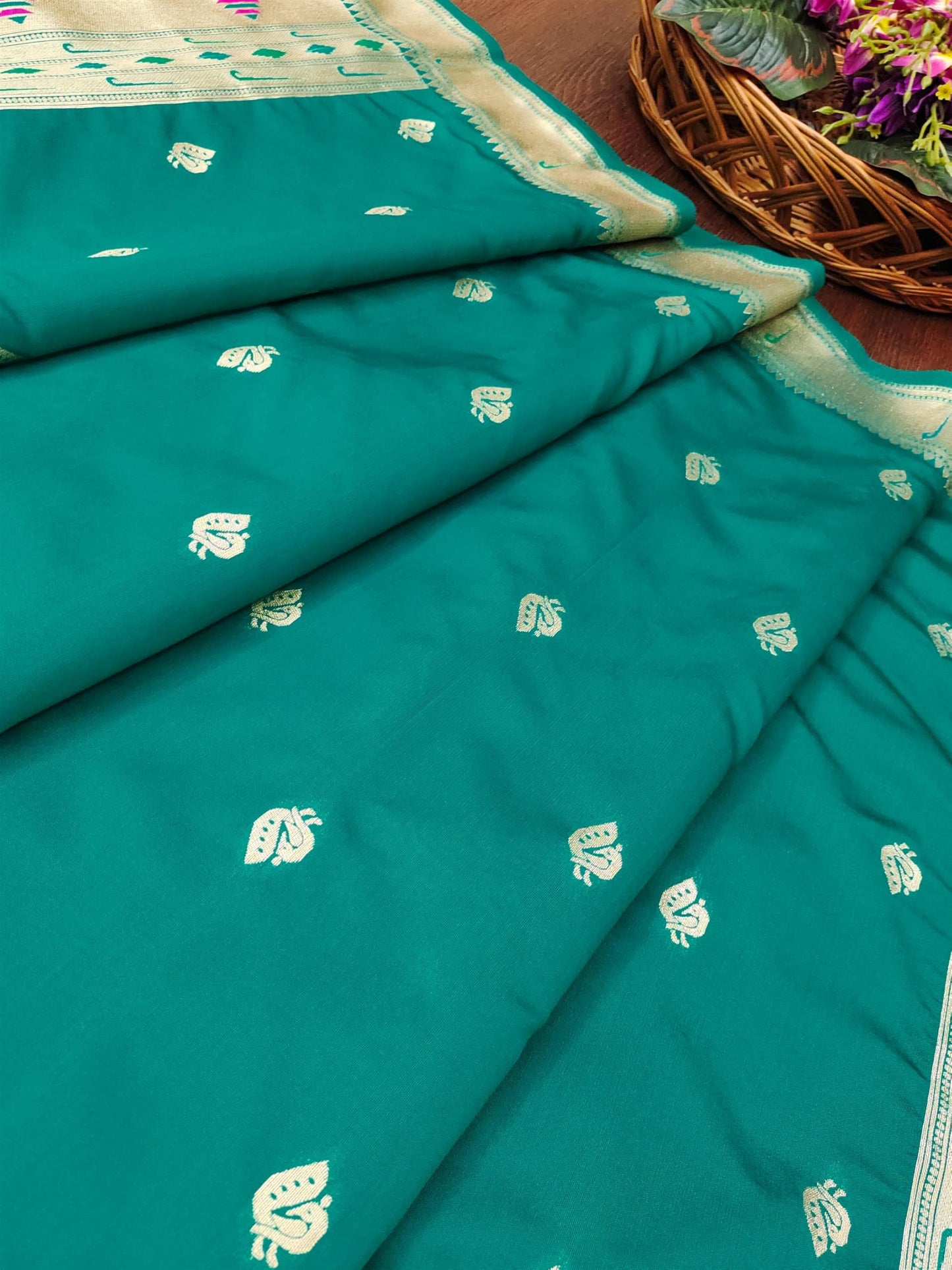 Banarasi Silk Dupatta in Turquoise with Gold Zari Booti and Contrast Woven Border
