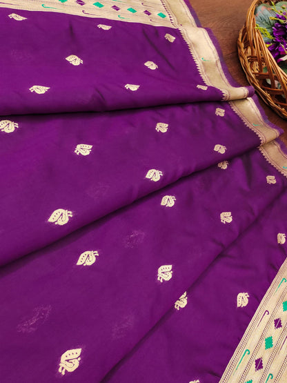 Banarasi Silk Dupatta in Royal Purple with Gold Zari Booti and Contrast Woven Border