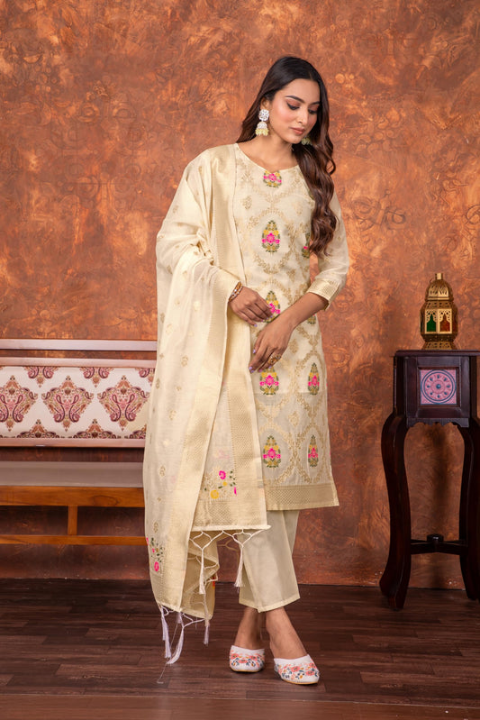 Cream Silk Kurta Pant Set with Handwoven Dupatta